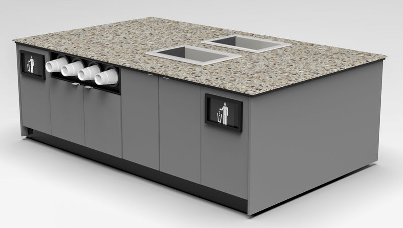 Modular Coffee & Beverage Prep Island • 2 Refrigerated Pans, Cup Dispenser, Trash: 99.5"L x 60"D