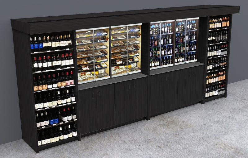 Millennial Configuration 5: Liquor & Wine Shelving, Solid Door & Locking Glass Cabinets & Humidors