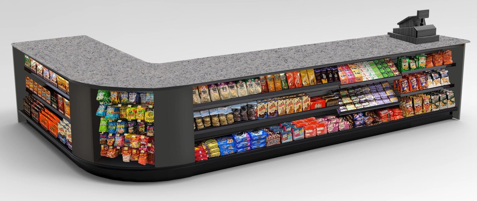 Curved Display-Front Checkout Counter with Display Front Shelves & LED - Modern Store Equipment