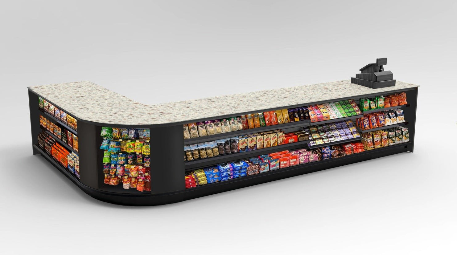 Curved Display-Front Checkout Counter with Display Front Shelves & LED - Modern Store Equipment