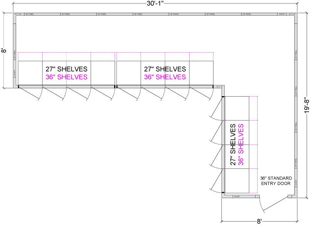 12 Glass Door (8 Front/4 Side) L-Shaped Walk-In Cooler with Shelving, 8'D, Left or Right Entry, Choice of Refrigeration - Modern Store Equipment