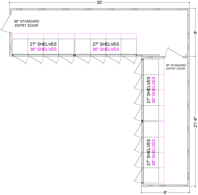 16 Glass Door L-Shaped Walk-In Cooler with Shelving (Two 8-Door Walk Ins), Choice of Refrigeration, Left Entry - Modern Store Equipment