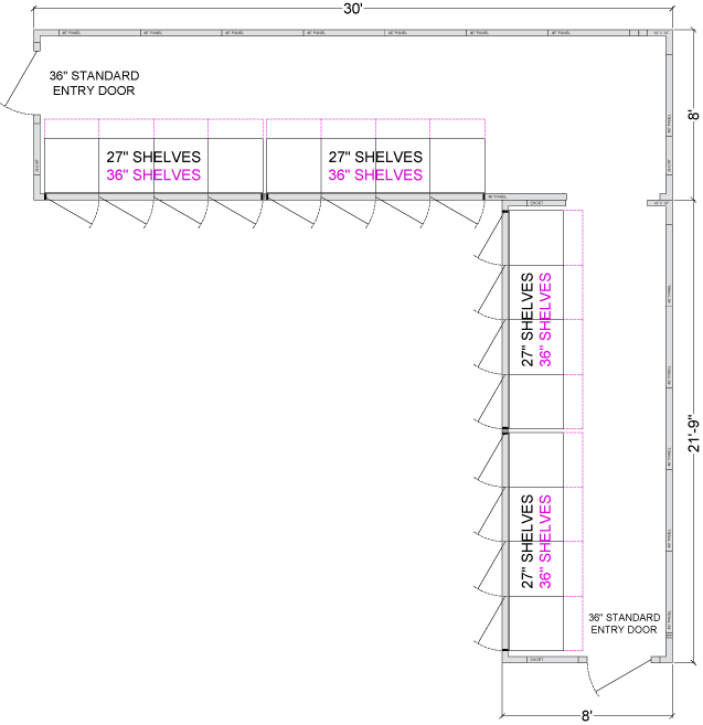 16 Glass Door L-Shaped Walk-In Cooler with Shelving (Two 8-Door Walk Ins), Choice of Refrigeration, Left & Right Entry - Modern Store Equipment