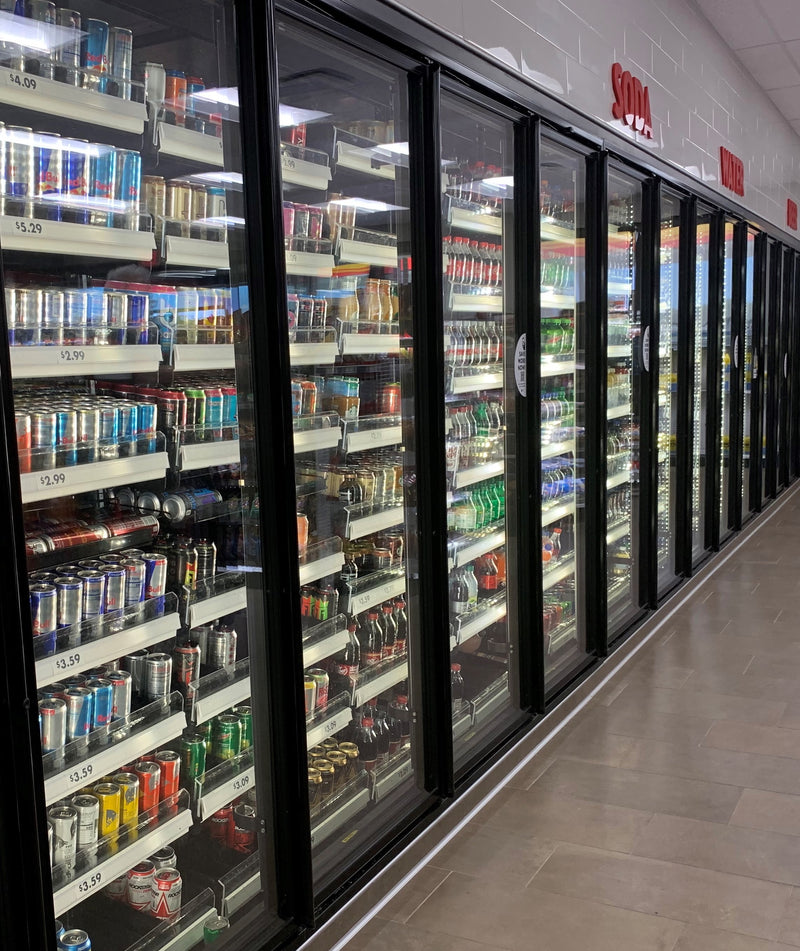 12 Glass Door Walk-In Cooler with Shelving, 8'D, Left or Right Entry, Choice of Refrigeration