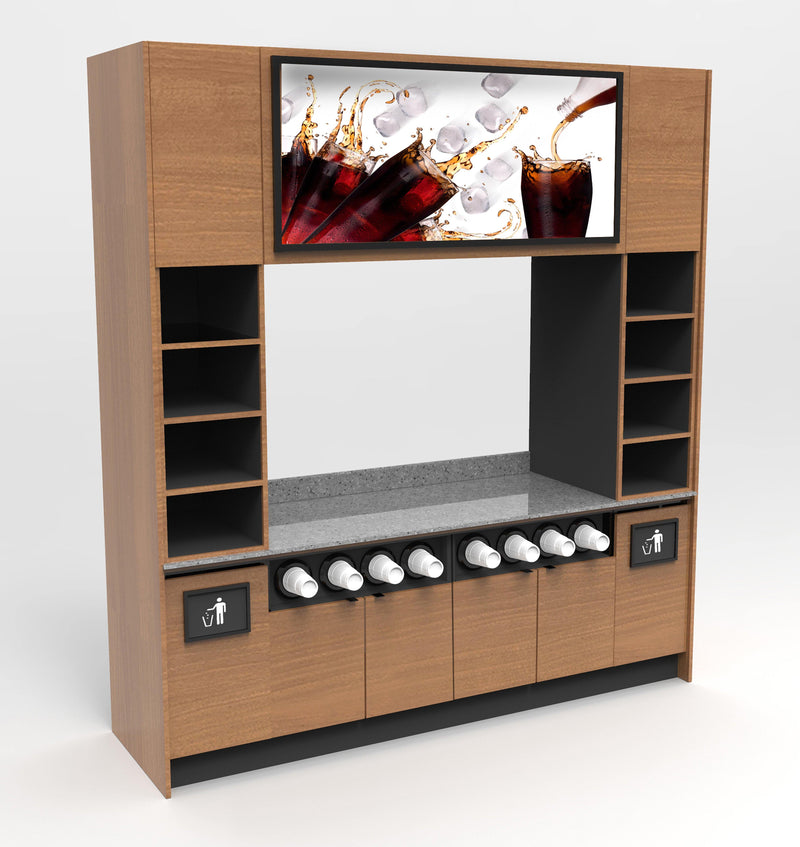 Modular Self-Serve Beverage Station with Bottom Cup Dispenser: 99.5"L x 30"D