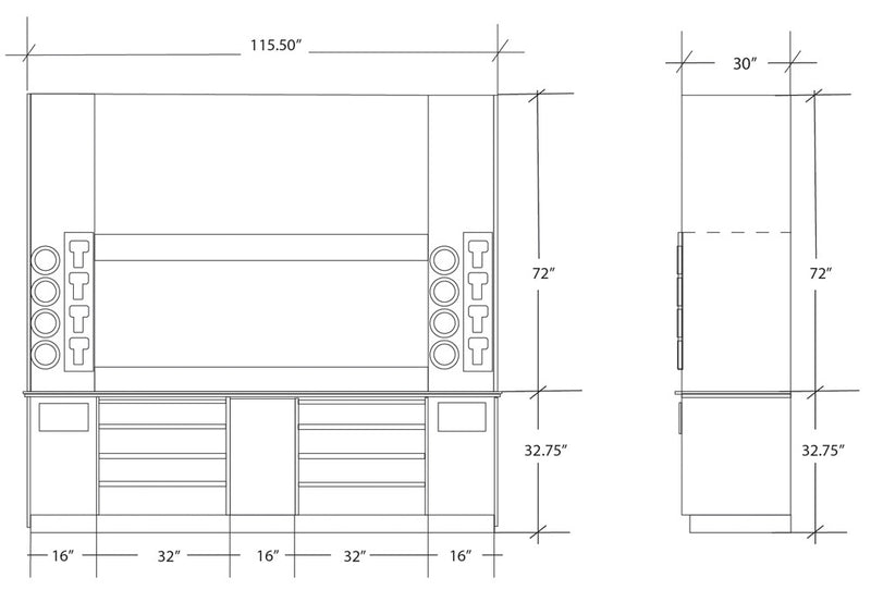 Modular Self-Serve Beverage Station with Side Cup Dispensers: 115.5"L x 30"D