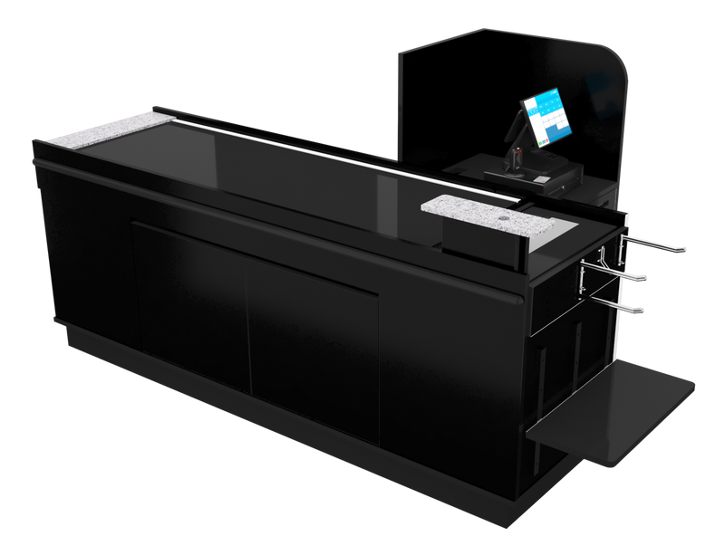 Power Belt Front Belt Checkout with CPU Shelf, Bagging Shelf • 85"W x 46.25"D
