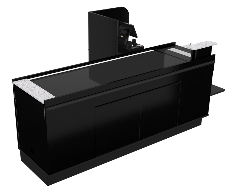 Power Belt Front Belt Checkout with CPU Shelf, Bagging Shelf • 85"W x 46.25"D
