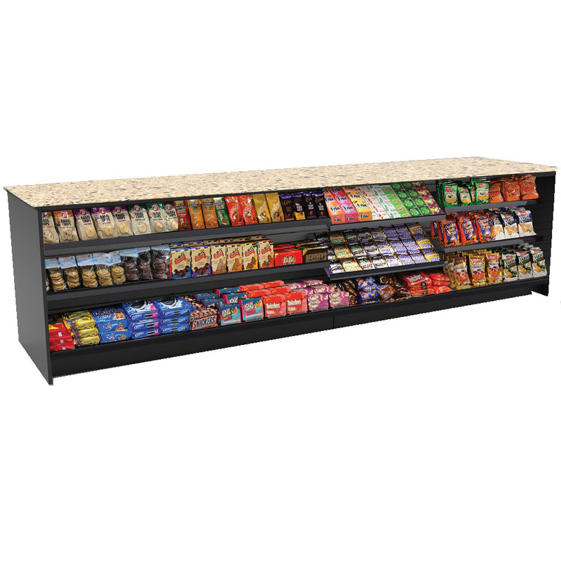Straight Checkout Counter with Display Front Shelves & LED • 10+ Ft. Counter Space