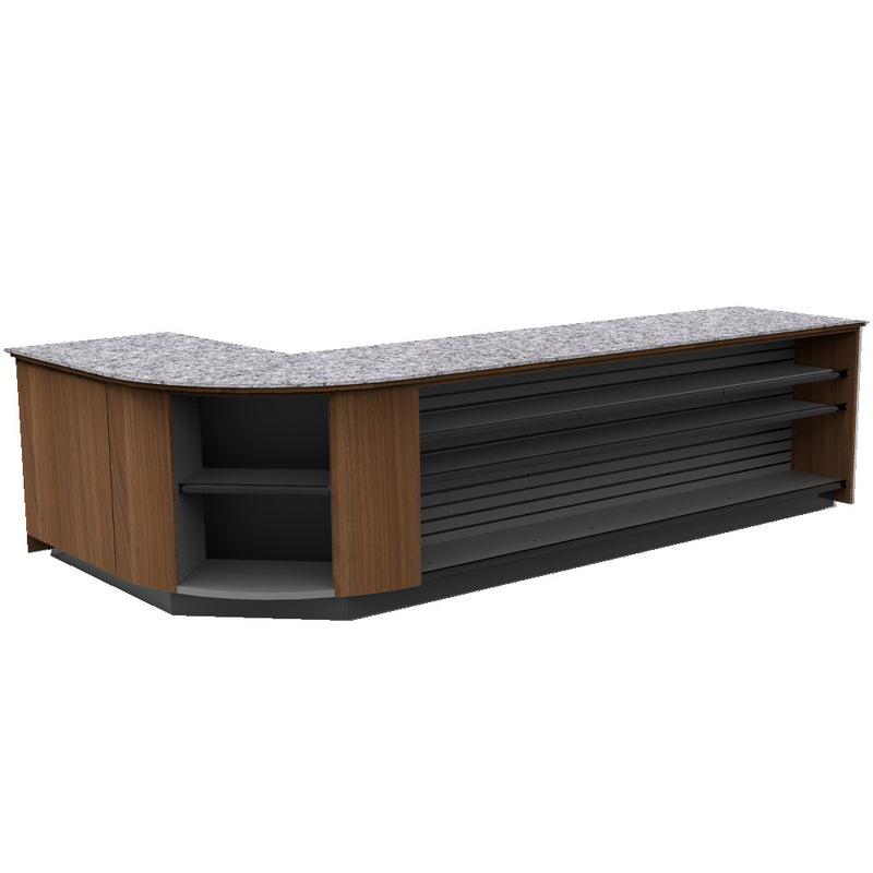 Curved Display-Front Checkout Counter with Display Front Shelves & LED • 15+ Ft. Counter Space