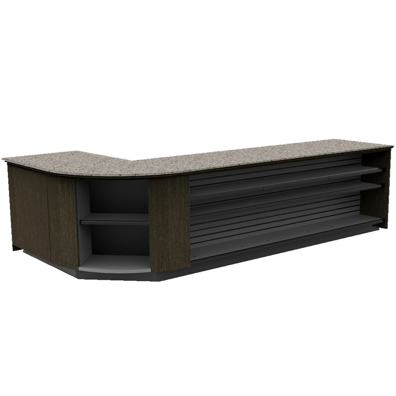 Curved Display-Front Checkout Counter with Display Front Shelves & LED • 15+ Ft. Counter Space