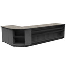 Curved Display-Front Checkout Counter with Display Front Shelves & LED • 15+ Ft. Counter Space