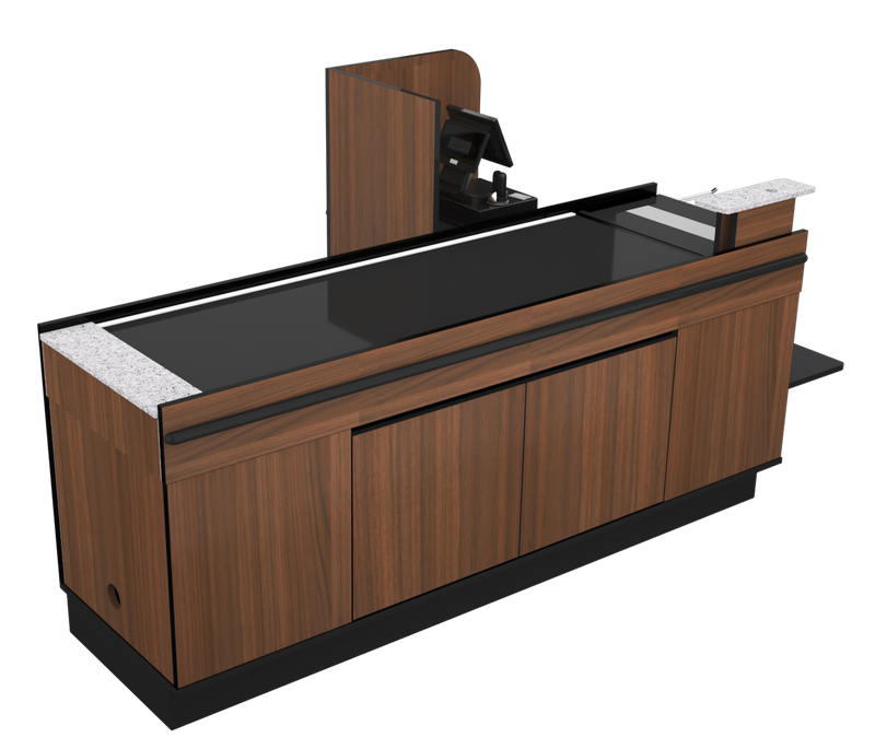 Power Belt Front Belt Checkout with CPU Shelf, Bagging Shelf • 85"W x 46.25"D