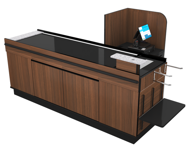 Power Belt Front Belt Checkout with CPU Shelf, Bagging Shelf • 85"W x 46.25"D