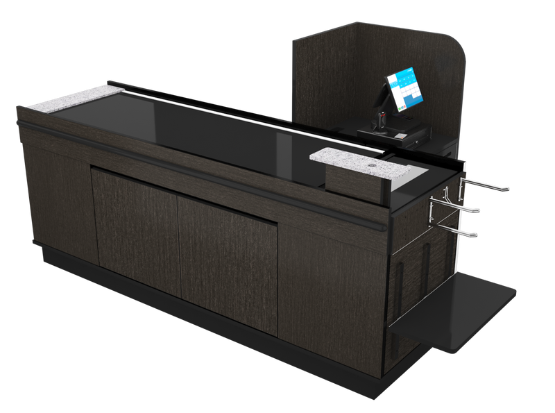 Power Belt Front Belt Checkout with CPU Shelf, Bagging Shelf • 85"W x 46.25"D