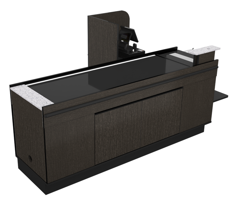 Power Belt Front Belt Checkout with CPU Shelf, Bagging Shelf • 85"W x 46.25"D