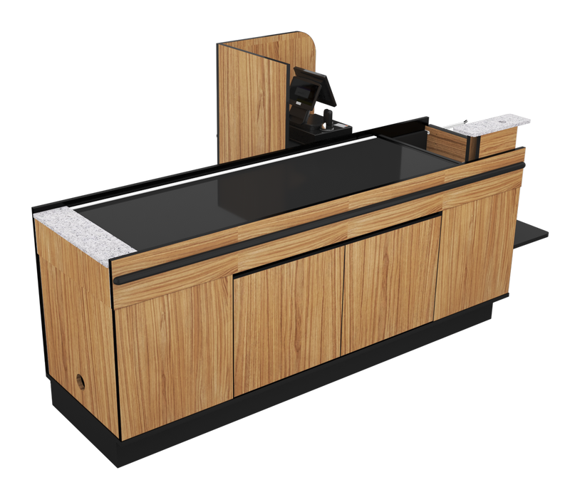 Power Belt Front Belt Checkout with CPU Shelf, Bagging Shelf • 85"W x 46.25"D