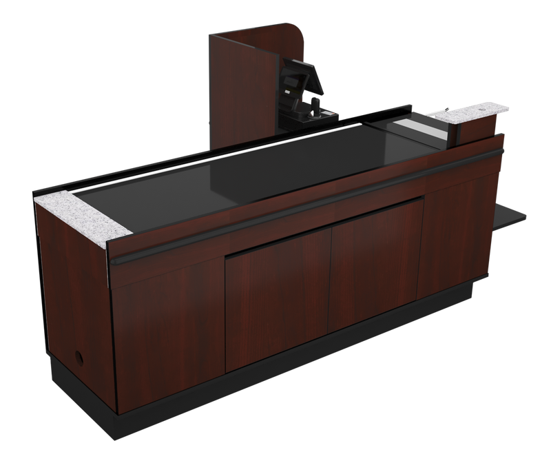 Power Belt Front Belt Checkout with CPU Shelf, Bagging Shelf • 85"W x 46.25"D