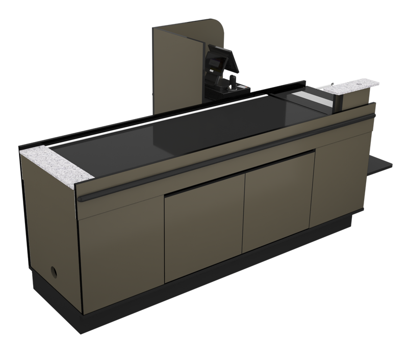 Power Belt Front Belt Checkout with CPU Shelf, Bagging Shelf • 85"W x 46.25"D
