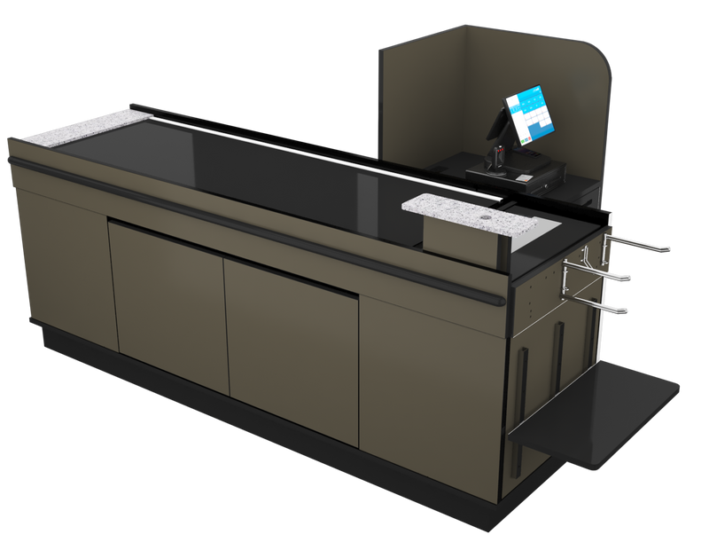 Power Belt Front Belt Checkout with CPU Shelf, Bagging Shelf • 85"W x 46.25"D
