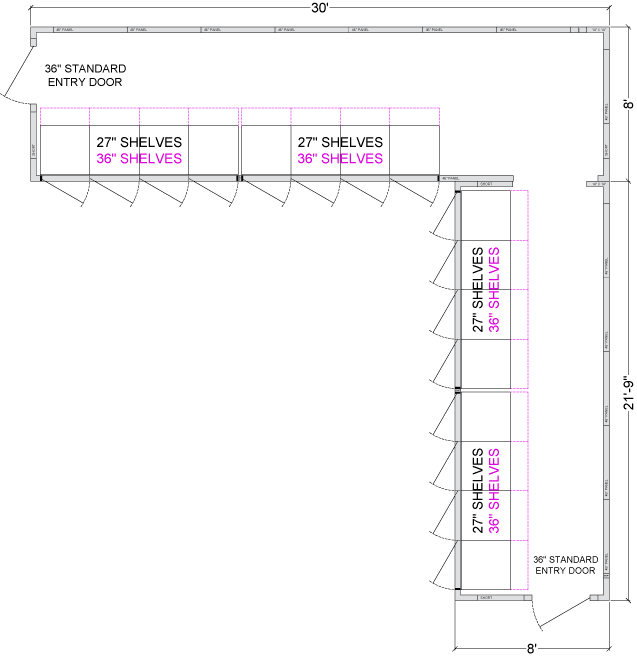 16 Glass Door L-Shaped Walk-In Cooler with Shelving (Two 8-Door Walk Ins), Choice of Refrigeration, Left & Right Entry