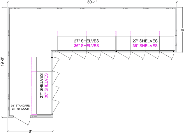 12 Glass Door (8 Front/4 Side) L-Shaped Walk-In Cooler with Shelving, 8'D, Left or Right Entry, Choice of Refrigeration