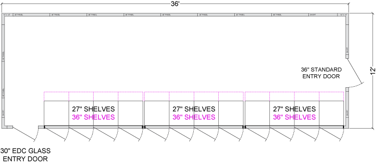 12 Glass Door Walk-In Cooler with Shelving, 12'D, Left or Right Entry, Pass Through, Choice of Refrigeration