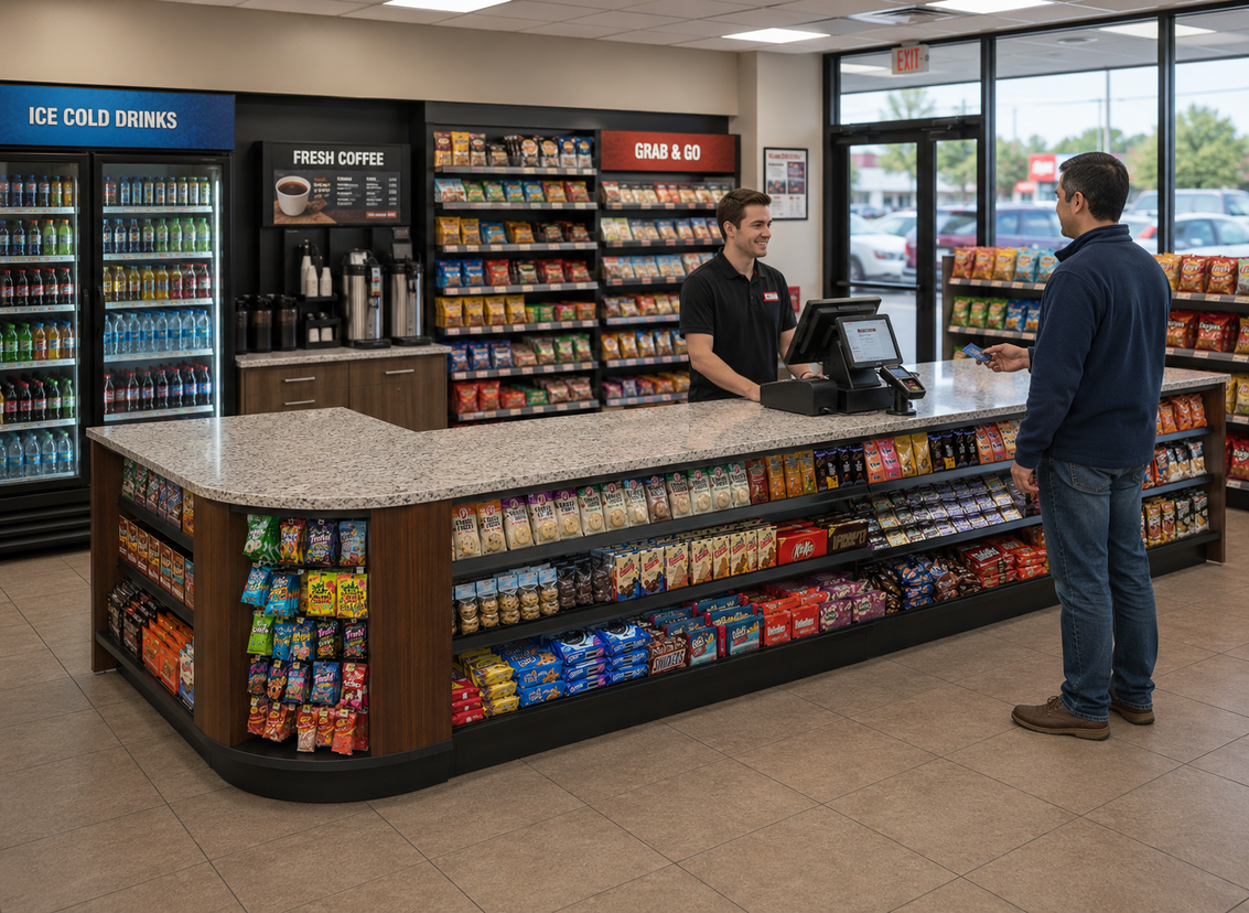 Curved Display-Front Checkout Counter with Display Front Shelves & LED