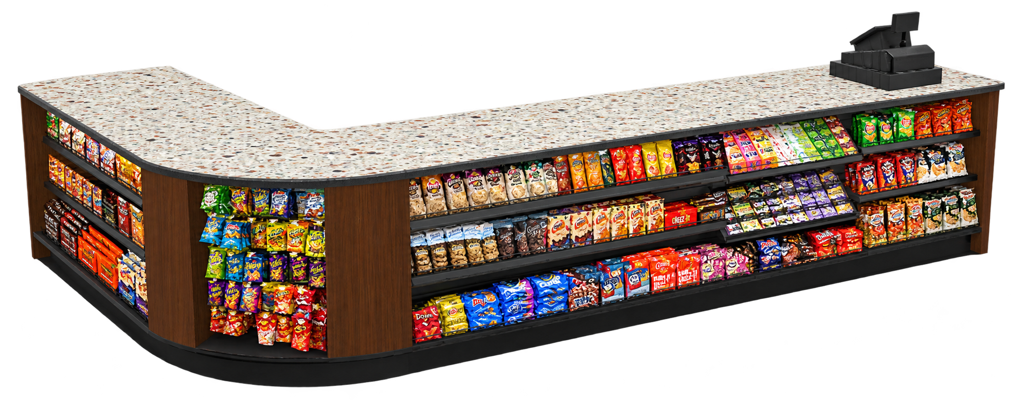 Curved Display-Front Checkout Counter with Display Front Shelves & LED - Modern Store Equipment