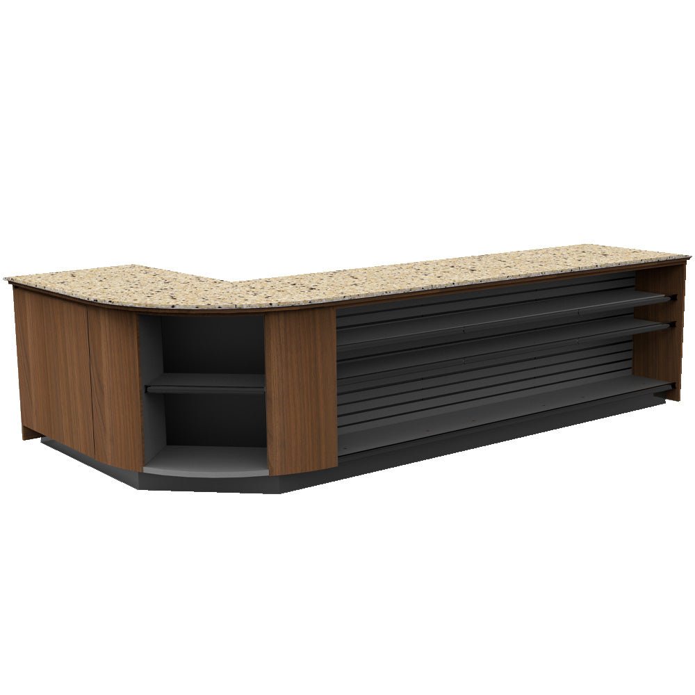 Curved Display-Front Checkout Counter with Display Front Shelves & LED • 15+ Ft. Counter Space - Modern Store Equipment