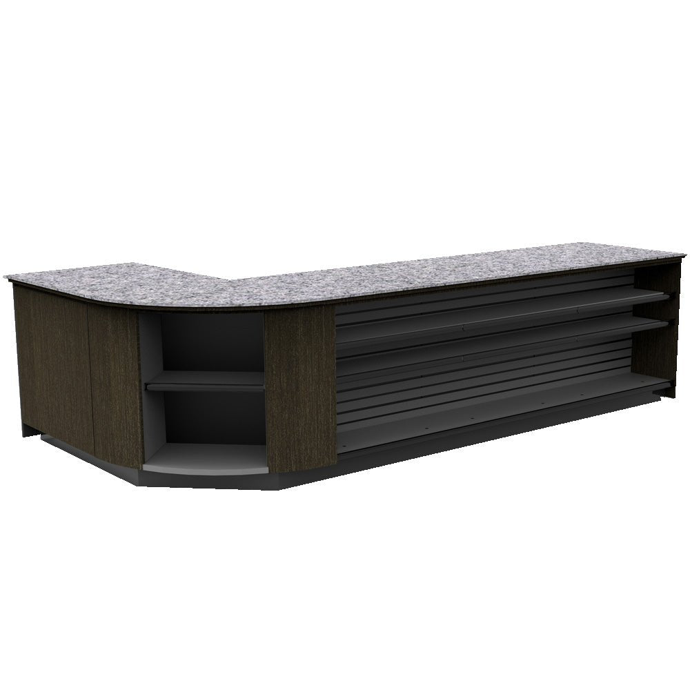 Curved Display-Front Checkout Counter with Display Front Shelves & LED • 15+ Ft. Counter Space - Modern Store Equipment