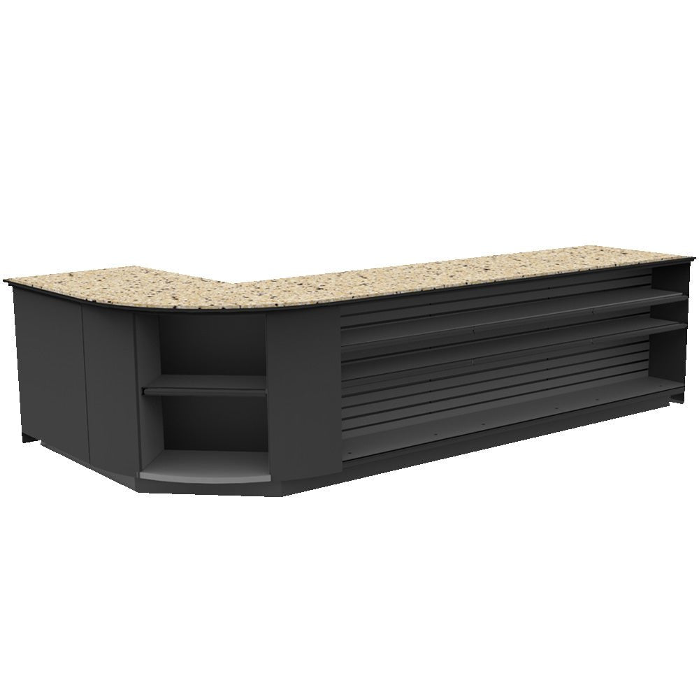 Curved Display-Front Checkout Counter with Display Front Shelves & LED • 15+ Ft. Counter Space - Modern Store Equipment