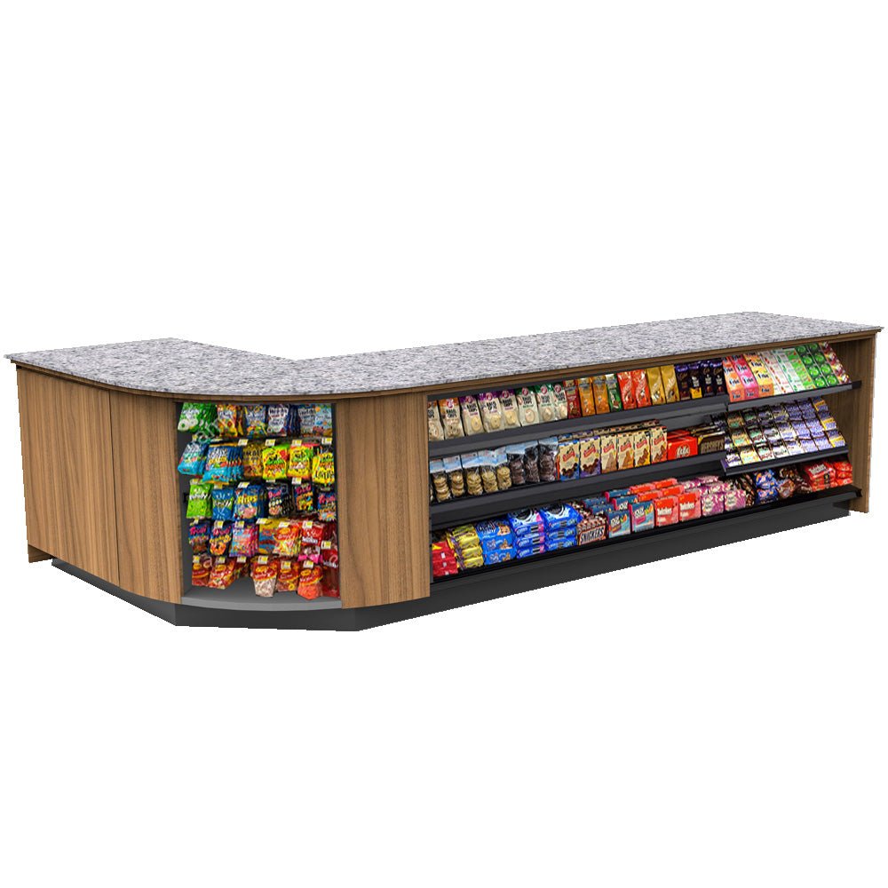 Curved Display-Front Checkout Counter with Display Front Shelves & LED • 15+ Ft. Counter Space - Modern Store Equipment