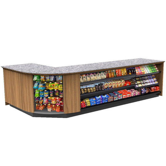 Curved Display-Front Checkout Counter with Display Front Shelves & LED • 15+ Ft. Counter Space - Modern Store Equipment