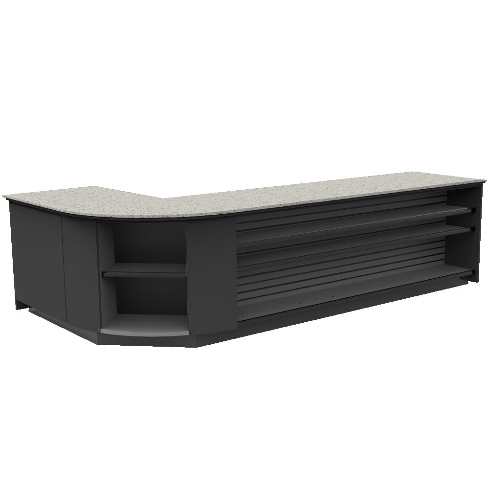 Curved Display-Front Checkout Counter with Display Front Shelves & LED • 15+ Ft. Counter Space - Modern Store Equipment