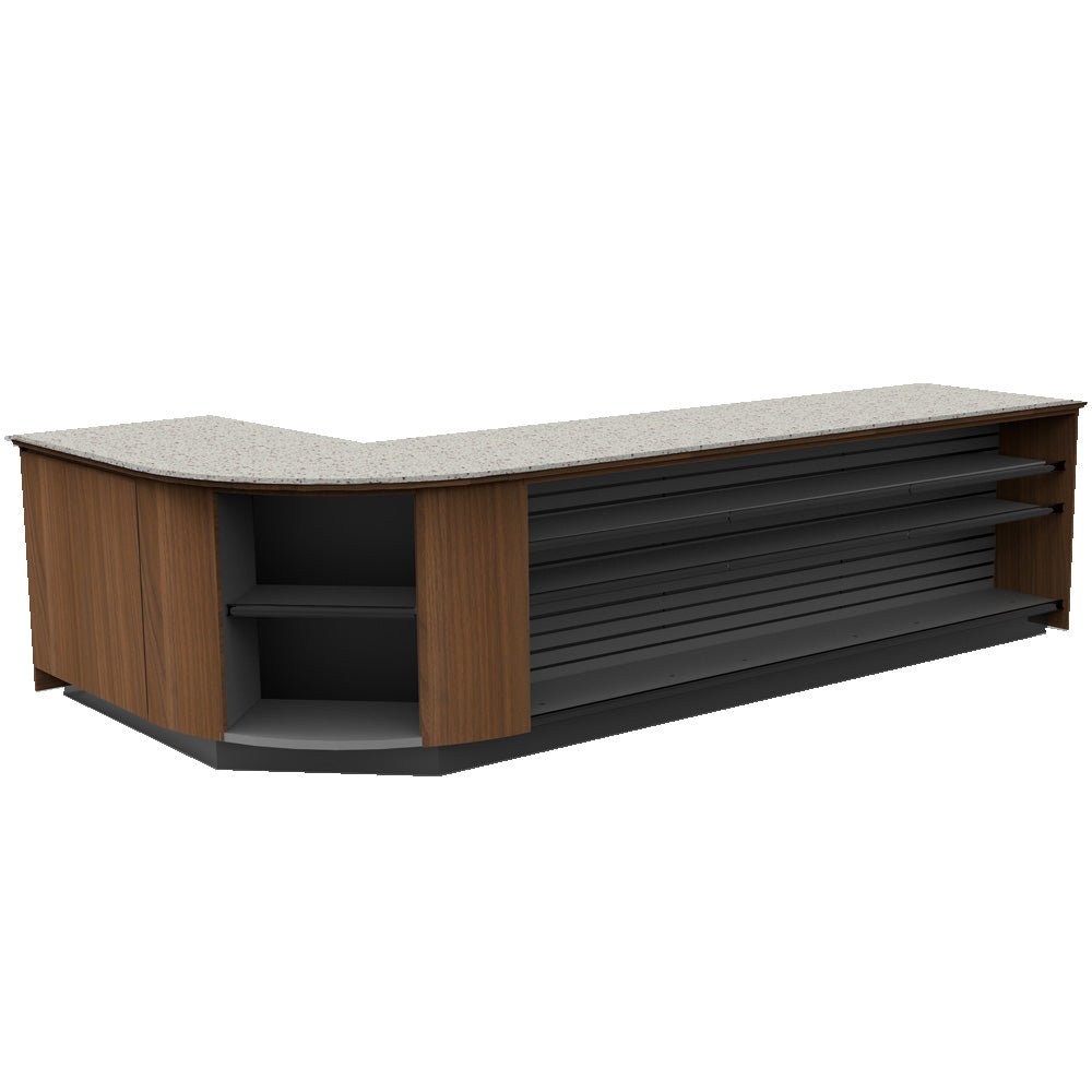 Curved Display-Front Checkout Counter with Display Front Shelves & LED • 15+ Ft. Counter Space - Modern Store Equipment