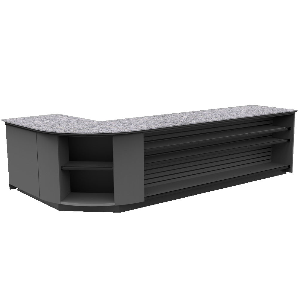 Curved Display-Front Checkout Counter with Display Front Shelves & LED • 15+ Ft. Counter Space - Modern Store Equipment