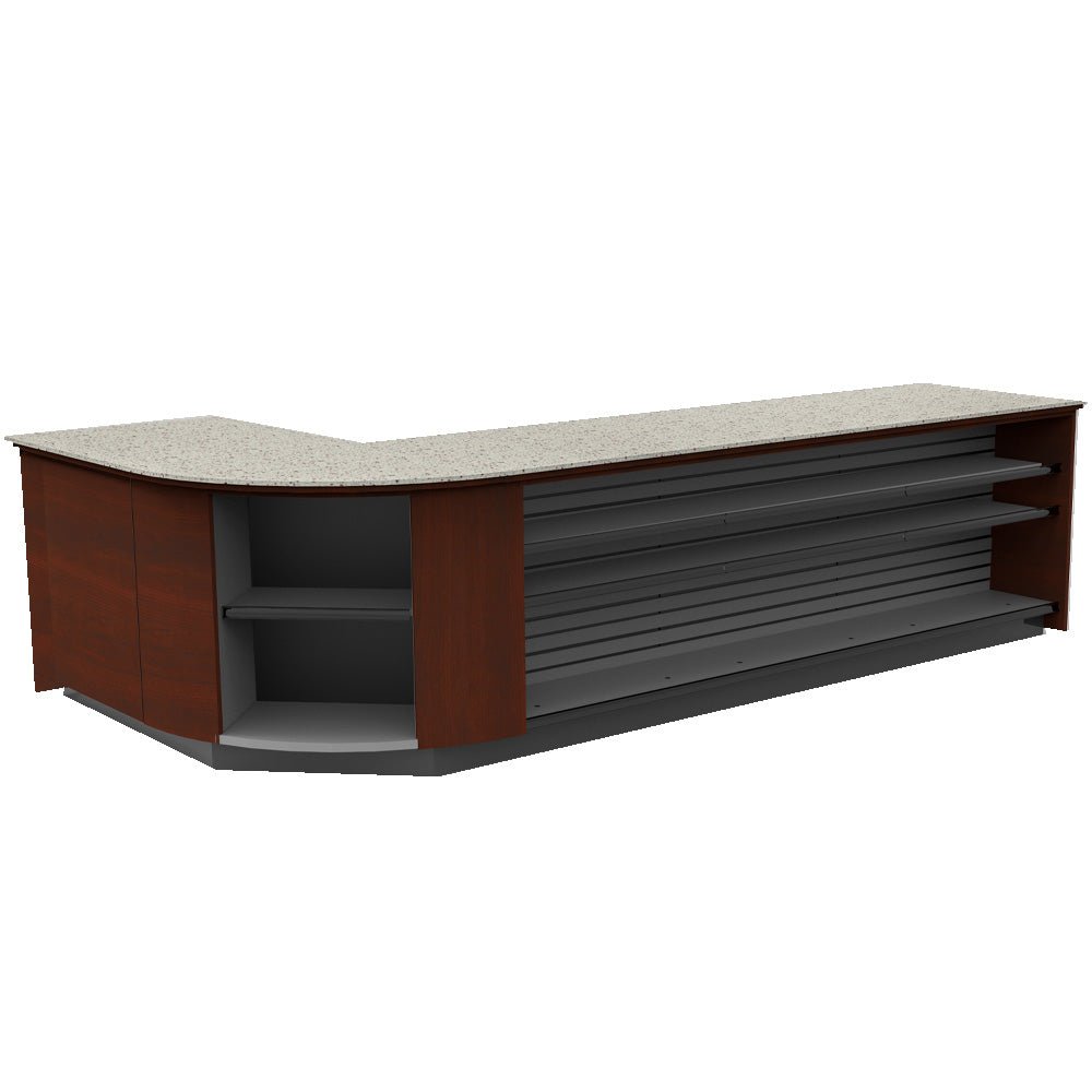 Curved Display-Front Checkout Counter with Display Front Shelves & LED • 15+ Ft. Counter Space - Modern Store Equipment