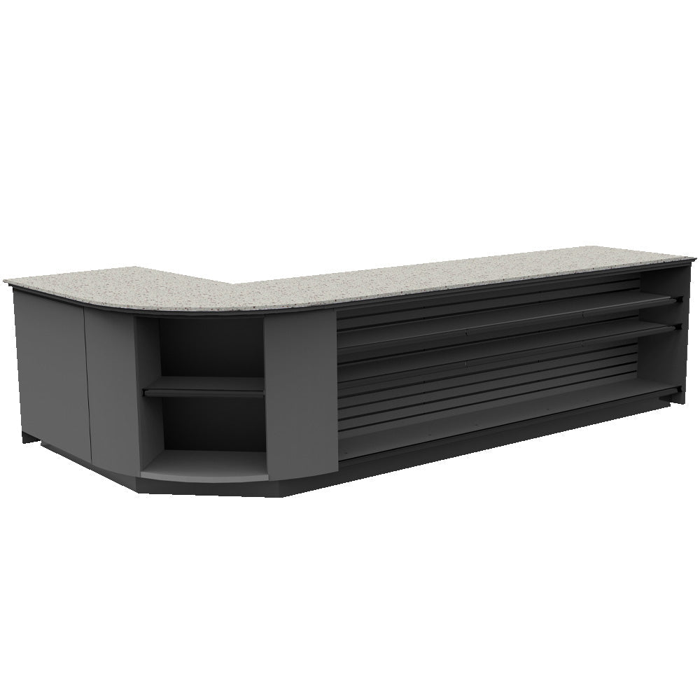 Curved Display-Front Checkout Counter with Display Front Shelves & LED • 15+ Ft. Counter Space - Modern Store Equipment