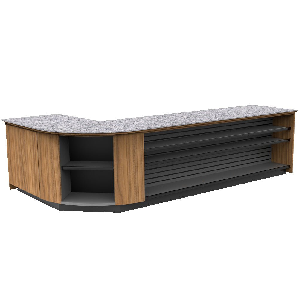 Curved Display-Front Checkout Counter with Display Front Shelves & LED • 15+ Ft. Counter Space - Modern Store Equipment