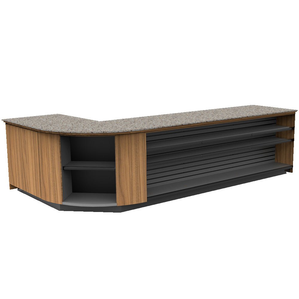 Curved Display-Front Checkout Counter with Display Front Shelves & LED • 15+ Ft. Counter Space - Modern Store Equipment