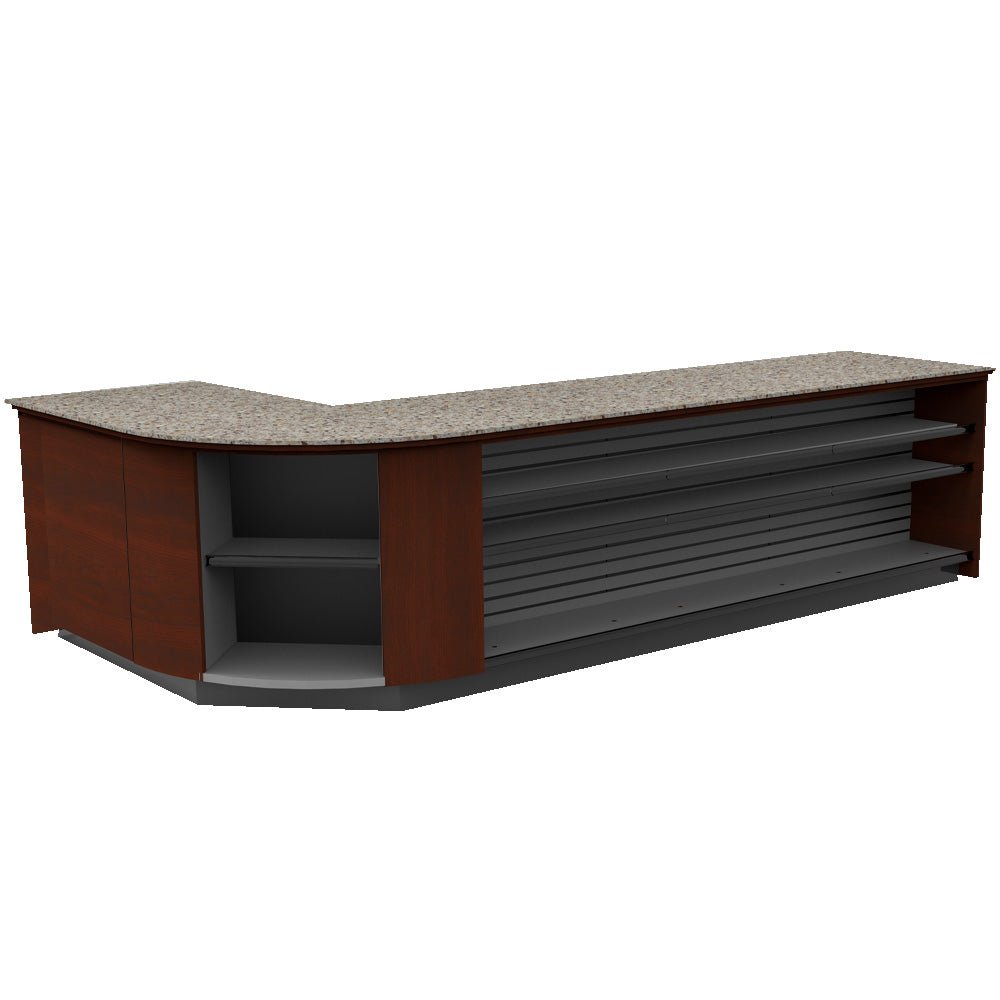 Curved Display-Front Checkout Counter with Display Front Shelves & LED • 15+ Ft. Counter Space - Modern Store Equipment