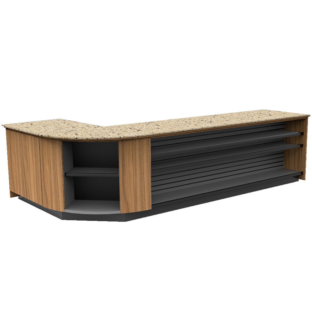 Curved Display-Front Checkout Counter with Display Front Shelves & LED • 15+ Ft. Counter Space - Modern Store Equipment