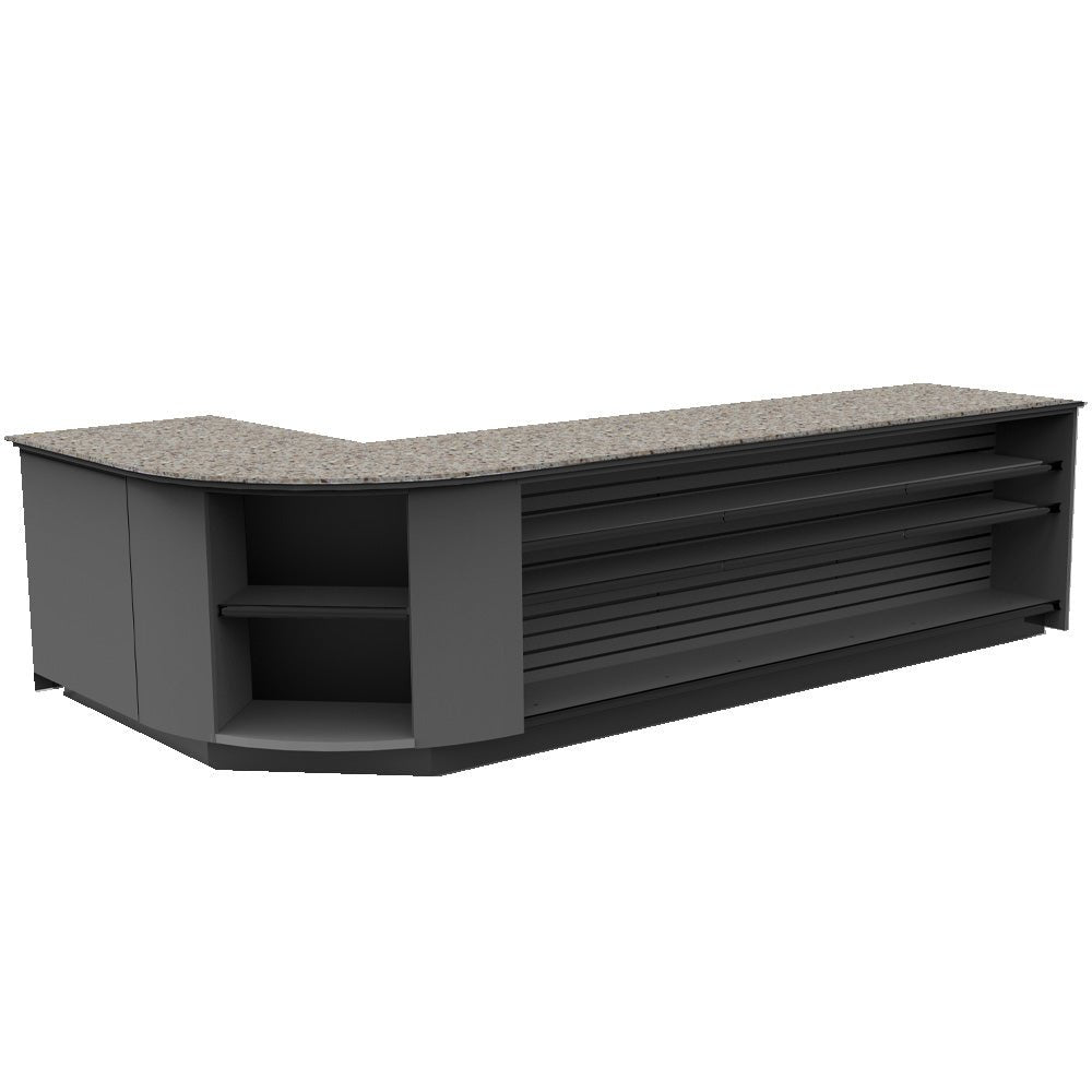 Curved Display-Front Checkout Counter with Display Front Shelves & LED • 15+ Ft. Counter Space - Modern Store Equipment