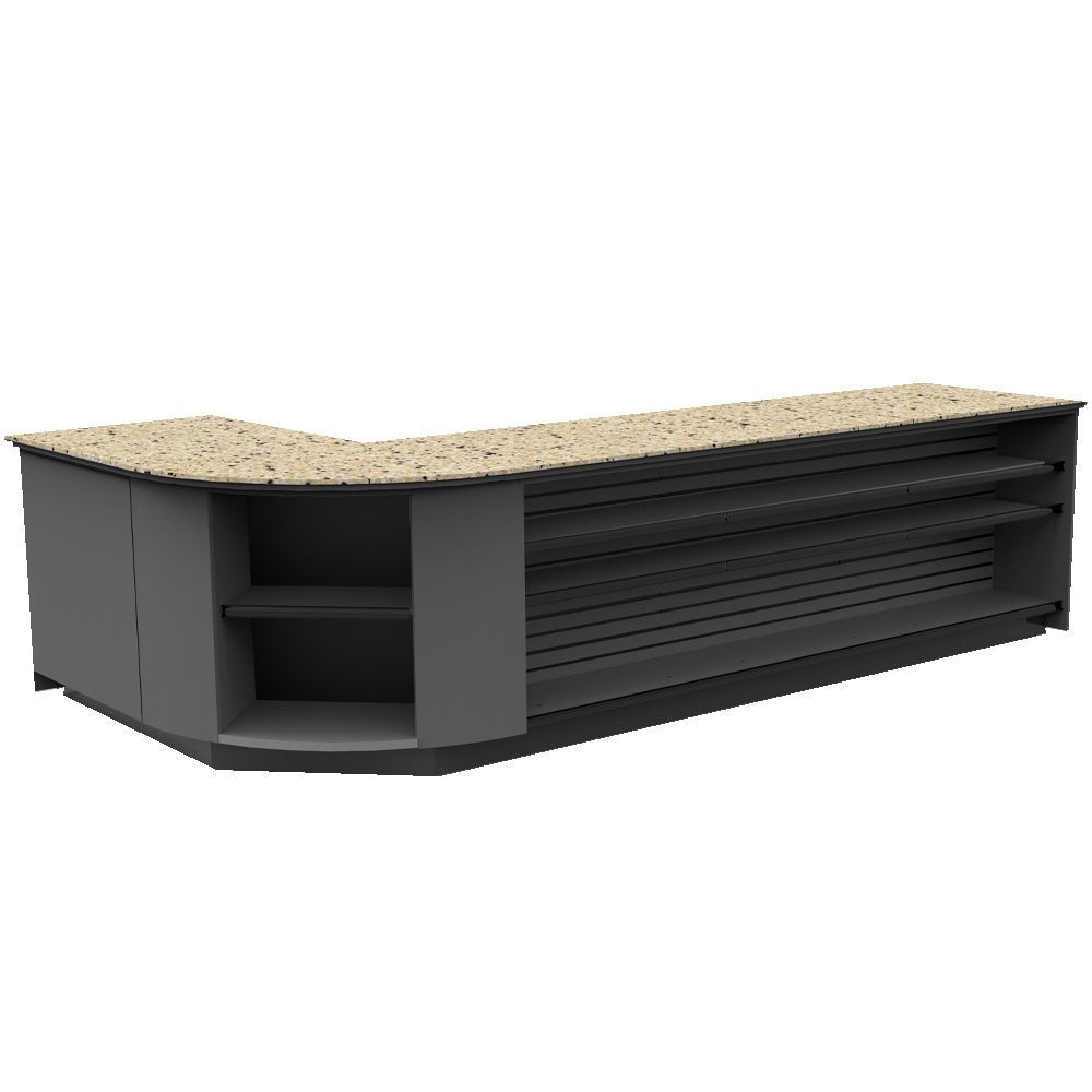 Curved Display-Front Checkout Counter with Display Front Shelves & LED • 15+ Ft. Counter Space - Modern Store Equipment