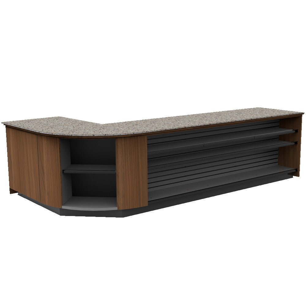 Curved Display-Front Checkout Counter with Display Front Shelves & LED • 15+ Ft. Counter Space - Modern Store Equipment