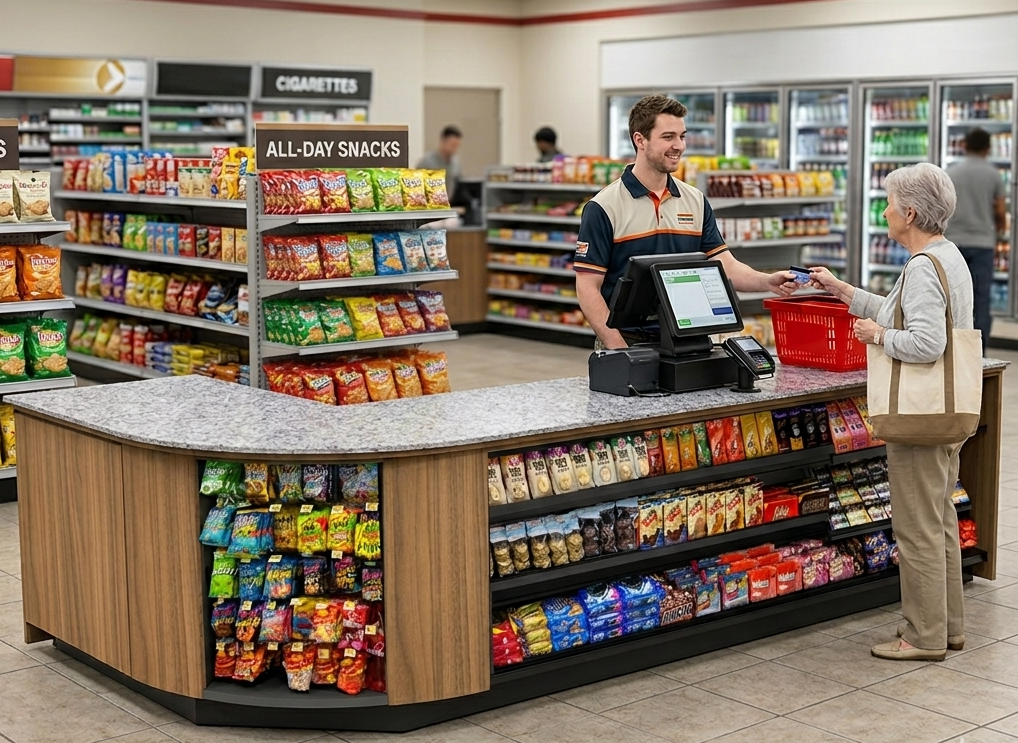 Curved Display-Front Checkout Counter with Display Front Shelves & LED • 15+ Ft. Counter Space - Modern Store Equipment
