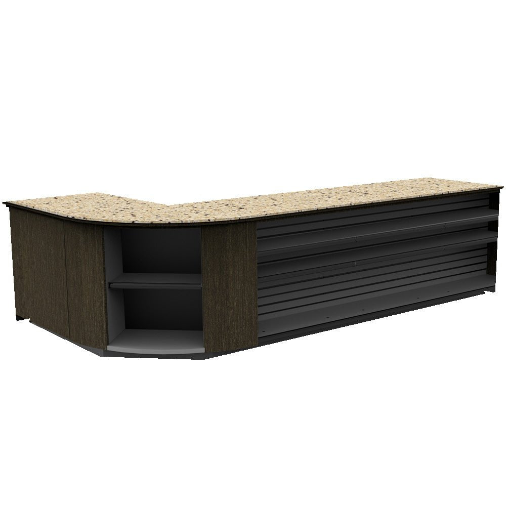 Curved Display-Front Checkout Counter with Display Front Shelves & LED • 15+ Ft. Counter Space - Modern Store Equipment
