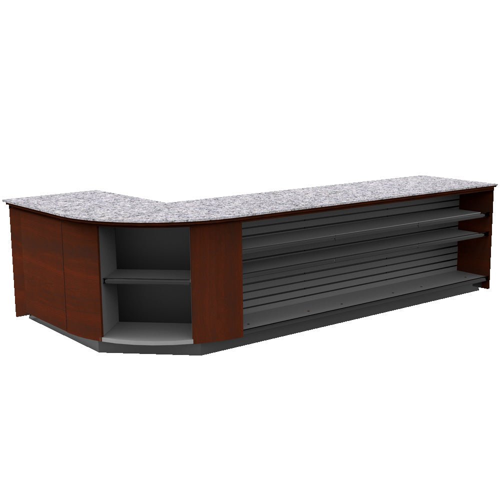 Curved Display-Front Checkout Counter with Display Front Shelves & LED • 15+ Ft. Counter Space - Modern Store Equipment