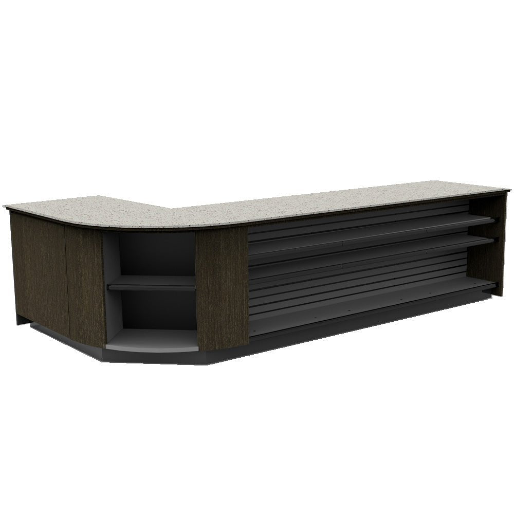 Curved Display-Front Checkout Counter with Display Front Shelves & LED • 15+ Ft. Counter Space - Modern Store Equipment